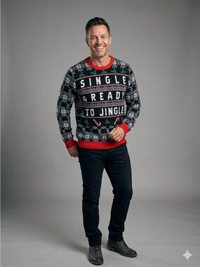 Ugly Christmas Sweater fun! Black & Red 'Single & Ready to Jingle' Medium